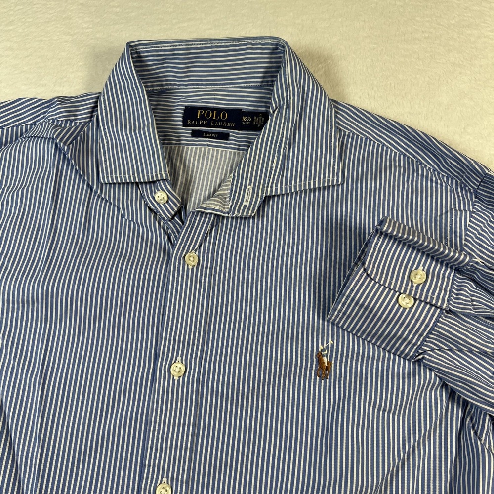 Polo Ralph Lauren Dress Shirt Mens 16.5 Blue Stripe Slim Fit Long Sleeve